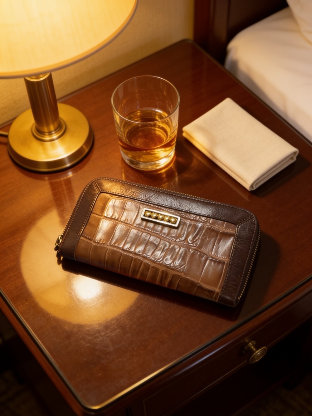 Brown Croc-Embossed Zip Wallet with Gold Accent